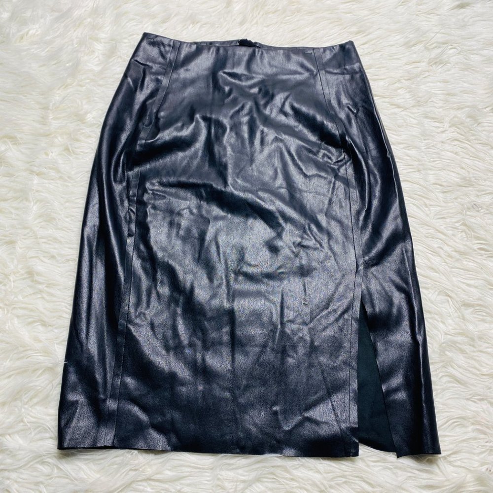 Ann Taylor Loft Faux Leather Black Pencil Skirt Side‎ Slit Back Zip Size 4